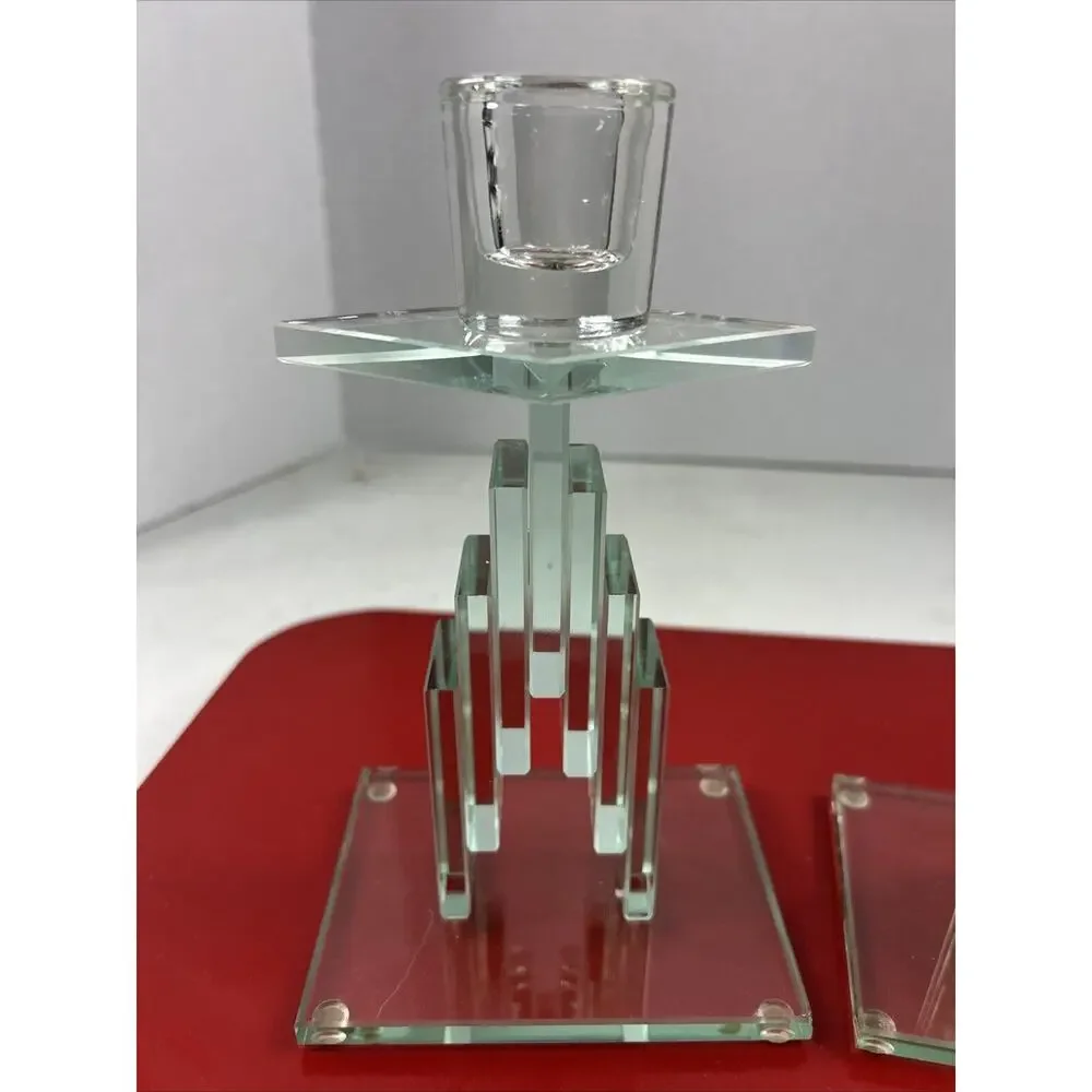 VTG Cut‎ Stacked Glass Candle Holders Art Modern Retro Crystal Heavywt Green 7.5